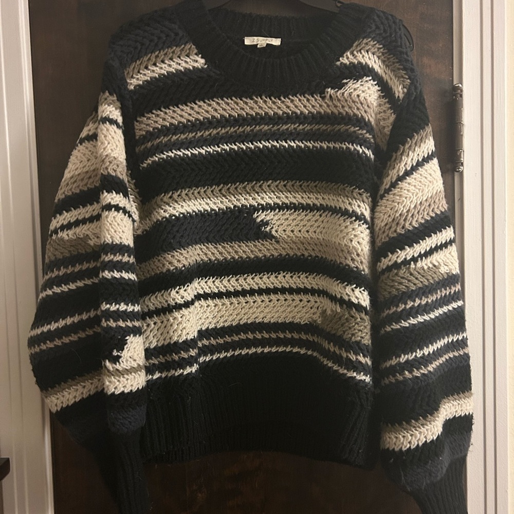 Z Supply Black and Cream Women's Crewneck Sweater